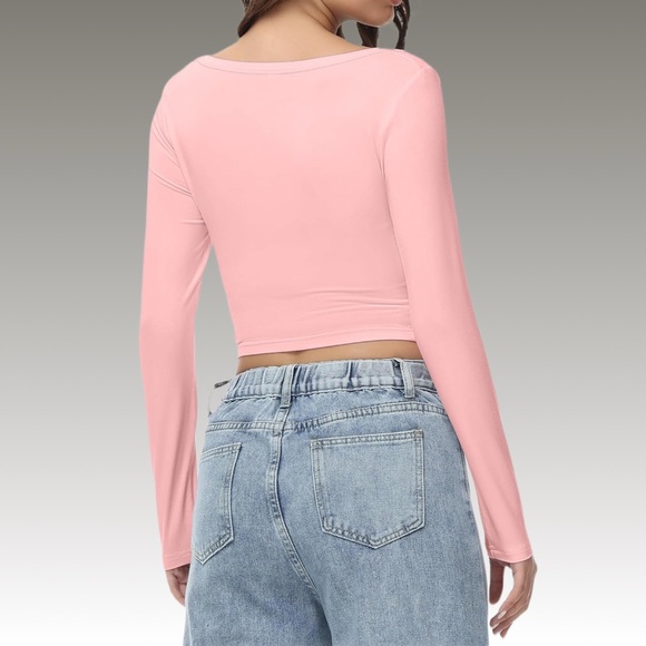 NWT Baby Pink Long Sleeve Square Neck Crop Top-XS - Picture 3 of 5